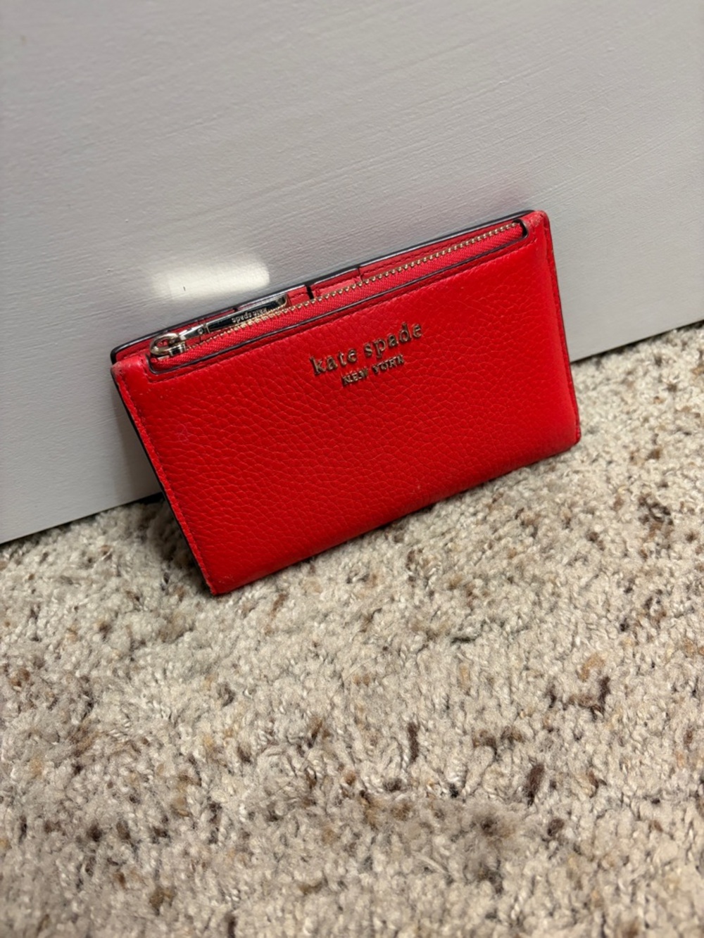 kate spade red Pebbled Leather Zip Card Holder
